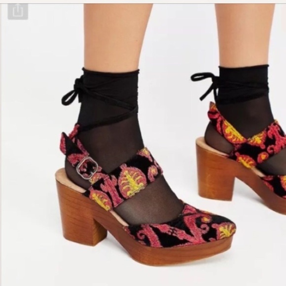 Free People Pink Yellow Black Velvet Embroidered Monaco Clog Heels size 38